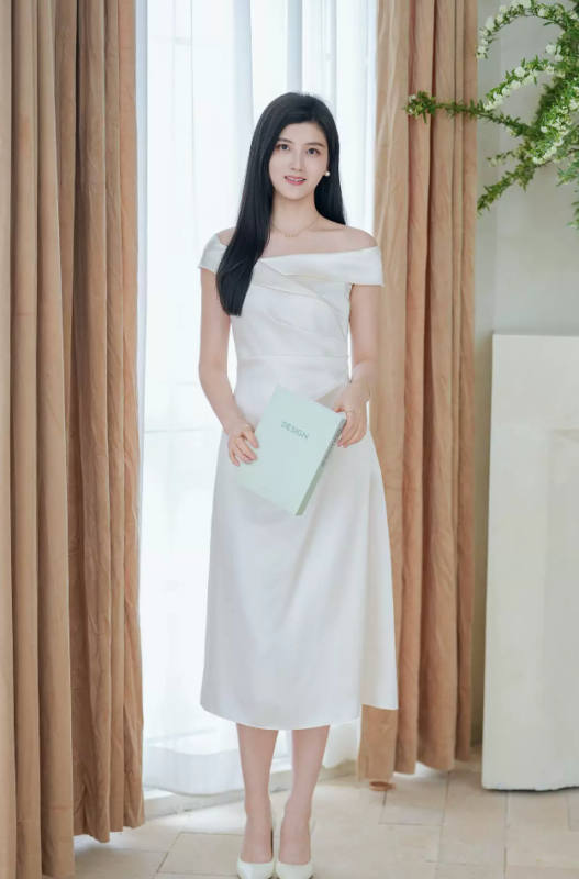 One shoulder white A-line waist cinched dress