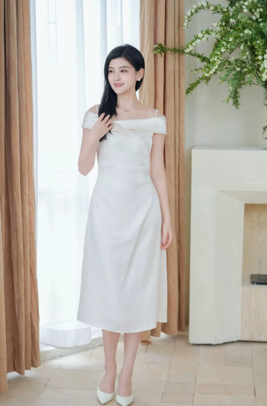 One shoulder white A-line waist cinched dress