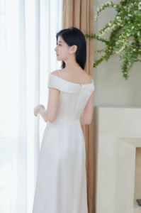 One shoulder white A-line waist cinched dress