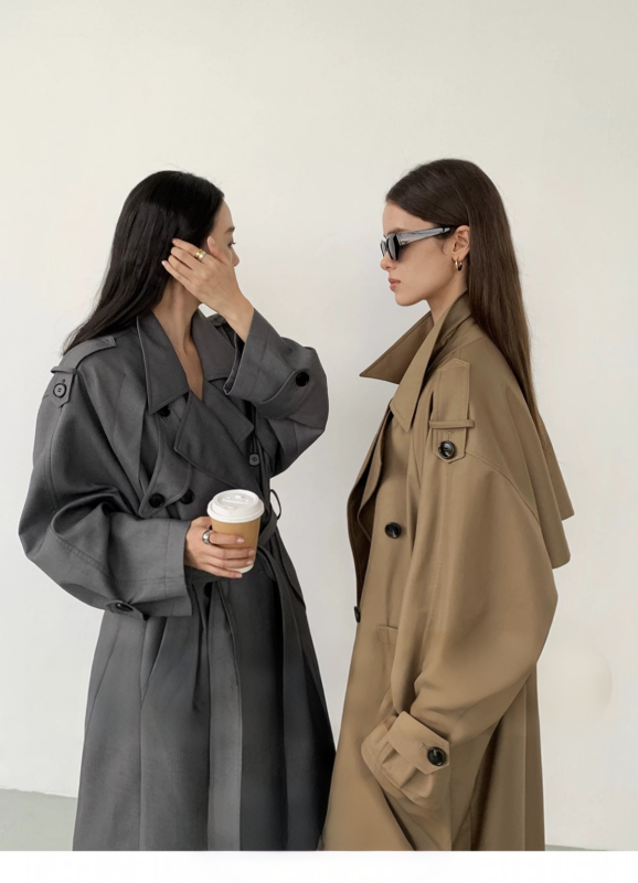 Large collar double row buckle mid length temperament trench coat for women