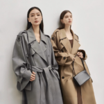 Large collar double row buckle mid length temperament trench coat for women