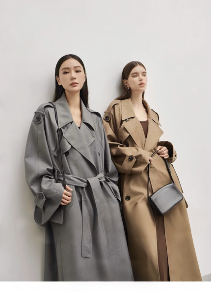 Large collar double row buckle mid length temperament trench coat for women