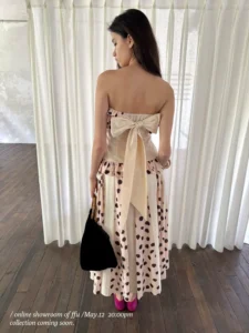 Black fungus edge patchwork polka dot strapless top+slim fit patchwork skirt