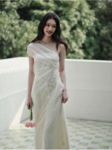Oblique Shoulder Light Yarn Nail Bead Wedding Dress Morning Robe Dress