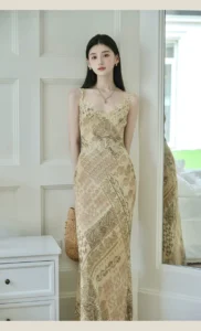 Slant cut heavy industry lace long printed suspender dress