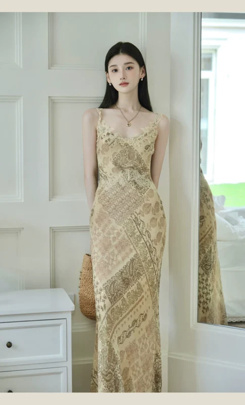 Slant cut heavy industry lace long printed suspender dress