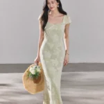 French high waisted fish tail fresh jacquard dress