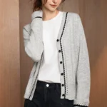 Sheep wool hollow V-neck knitted cardigan for women