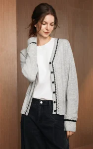 Sheep wool hollow V-neck knitted cardigan for women