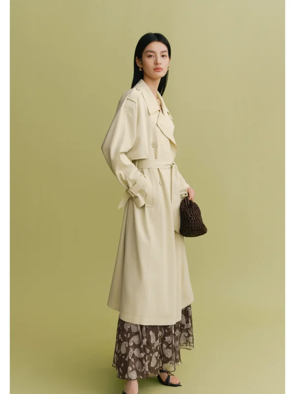 Soft material double row buckle long windbreaker for women