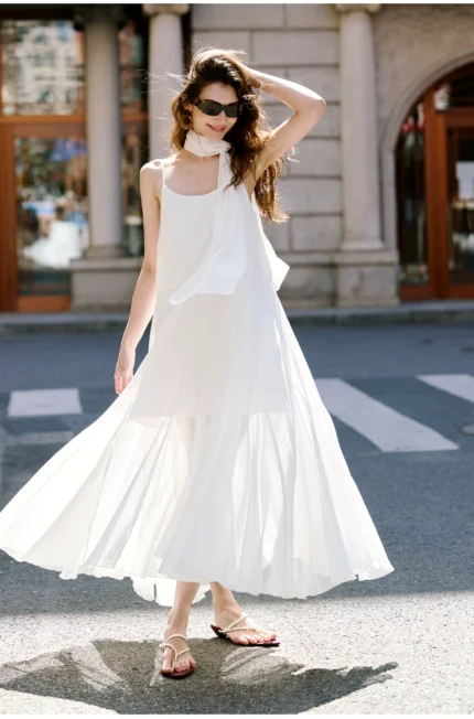 Strap dress, women's large A-line chiffon long skirt