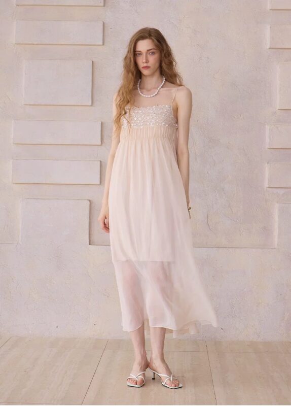 New nude apricot sequined camisole dress