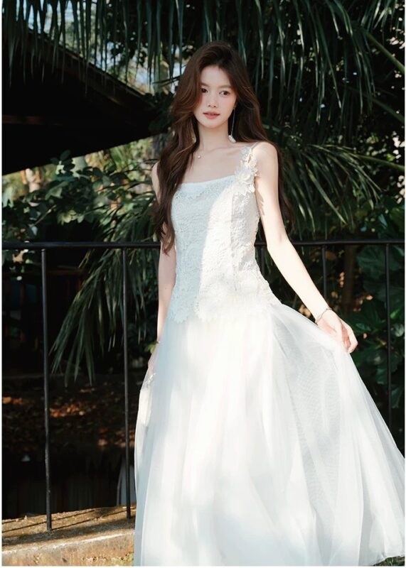 Water soluble flower ballet princess style suspender mesh dress