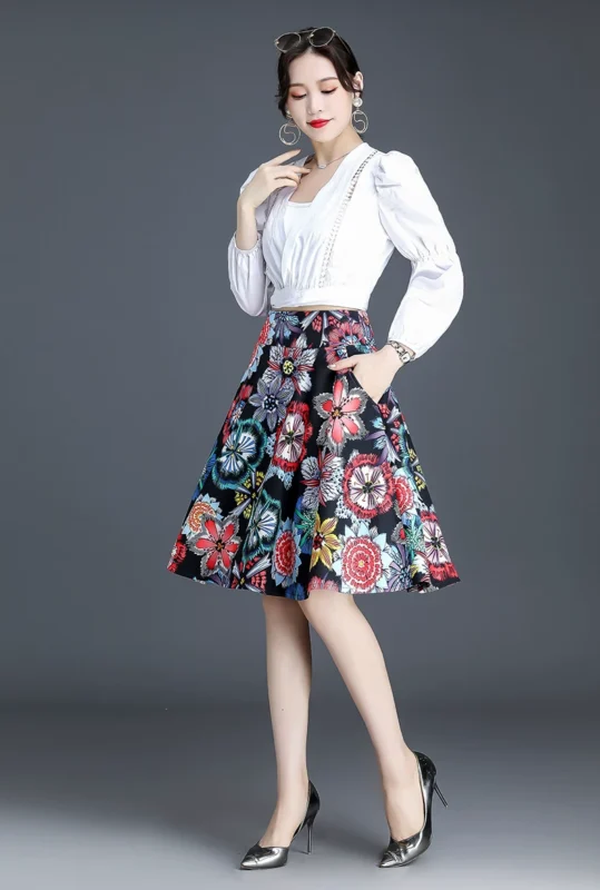 Printed skirt, half body skirt, women's A-line skirt