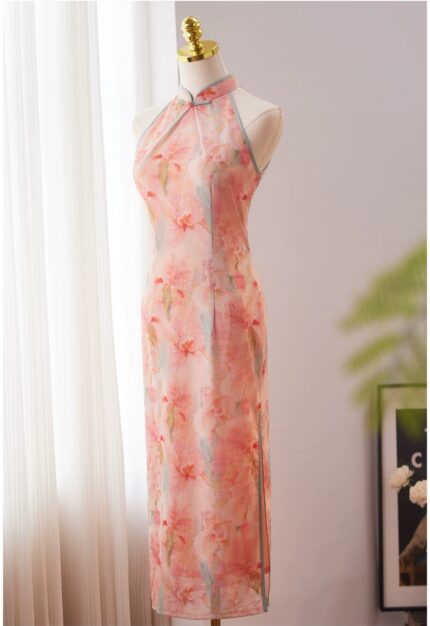 Pink neck hanging cheongsam 2026 new summer open shoulder dress