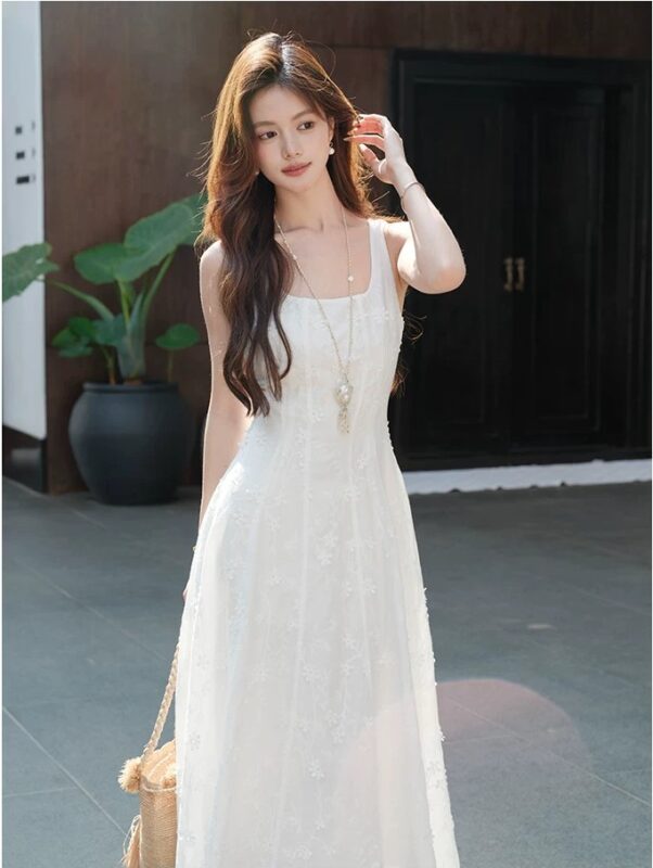 French U-neck spaghetti strap dress