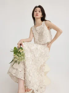 Heavy industry embroidery layered high waisted A-line skirt long skirt two-piece set