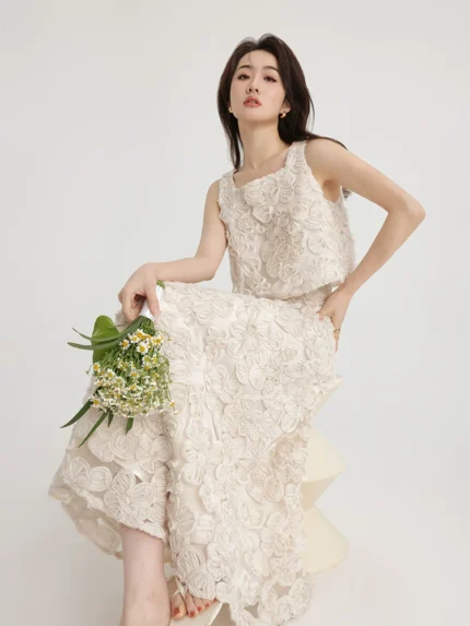Heavy industry embroidery layered high waisted A-line skirt long skirt two-piece set