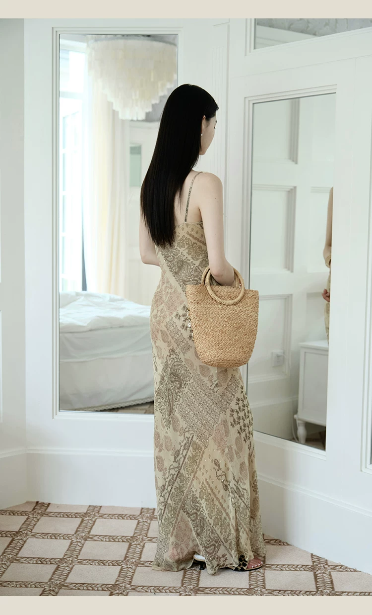 Slant cut heavy industry lace long printed suspender dress Slant cut heavy industry lace long printed suspender dress