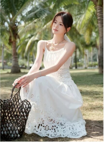 Hollow embroidered cotton skirt vacation set