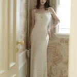 French style square collar camisole lace satin patchwork camisole dress