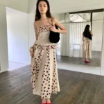 Black fungus edge patchwork polka dot strapless top+slim fit patchwork skirt