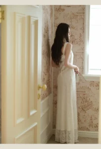 French style square collar camisole lace satin patchwork camisole dress