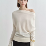 Goat cashmere yarn, one line diagonal shoulder pile collar knitted sweater