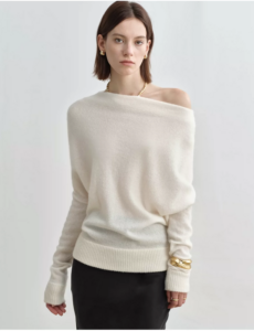 Goat cashmere yarn, one line diagonal shoulder pile collar knitted sweater