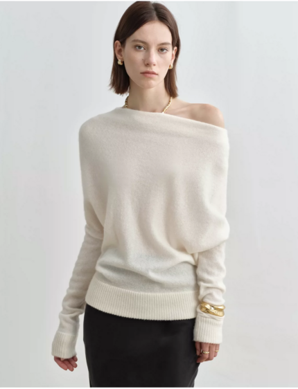 Goat cashmere yarn, one line diagonal shoulder pile collar knitted sweater