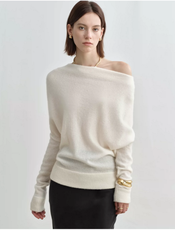 Goat cashmere yarn, one line diagonal shoulder pile collar knitted sweater