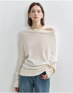 Goat cashmere yarn, one line diagonal shoulder pile collar knitted sweater