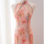 Pink neck hanging cheongsam 2026 new summer open shoulder dress