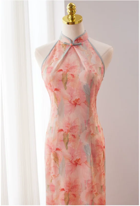 Pink neck hanging cheongsam 2026 new summer open shoulder dress