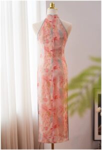 Pink neck hanging cheongsam 2026 new summer open shoulder dress