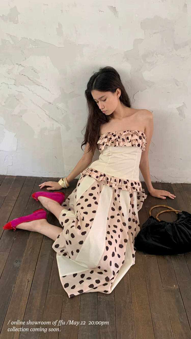 Black fungus edge patchwork polka dot strapless top+slim fit patchwork skirt Black fungus edge patchwork polka dot strapless top+slim fit patchwork skirt