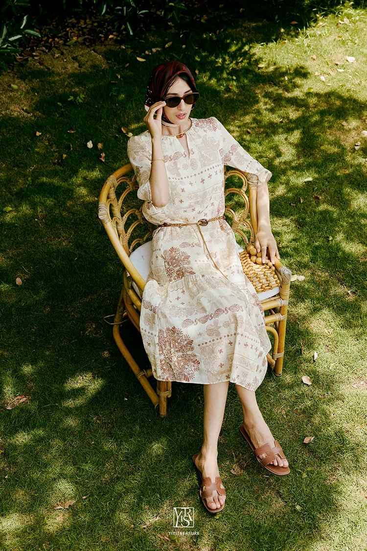 French style holiday dress with silk and linen print French style holiday dress with silk and linen print