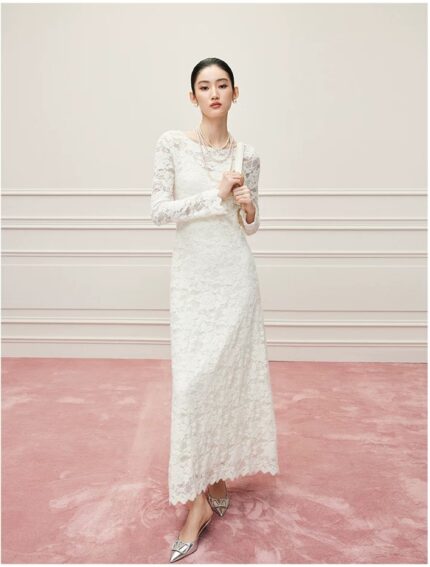 French hollowed out white lace dress