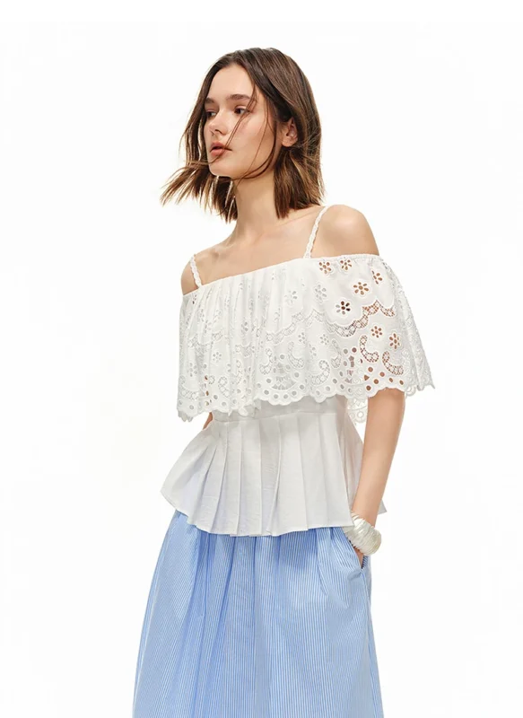 French hollowed out embroidered off shoulder shirt, fashionable T-shirt