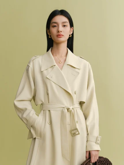 Soft material double row buckle long windbreaker for women