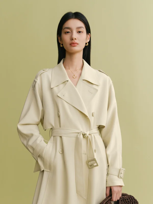 Soft material double row buckle long windbreaker for women