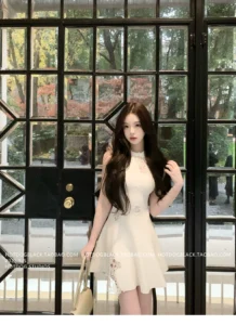 White lace hollow out design sleeveless dress short skirt