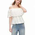 French hollowed out embroidered off shoulder shirt, fashionable T-shirt