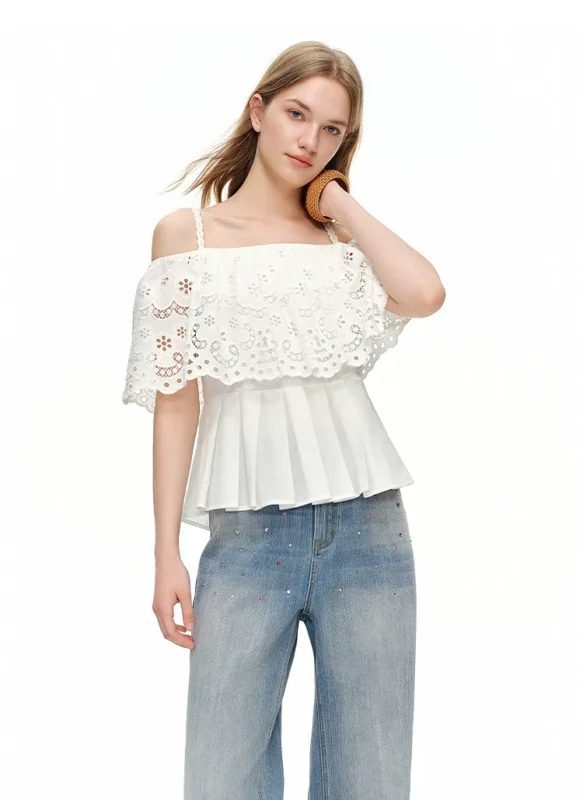 French hollowed out embroidered off shoulder shirt, fashionable T-shirt