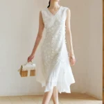 French style waist cinching slimming pole level feeling V-neck vest dress