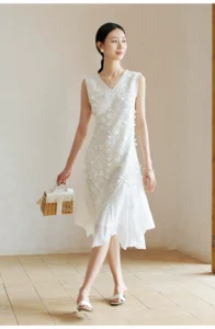 French style waist cinching slimming pole level feeling V-neck vest dress