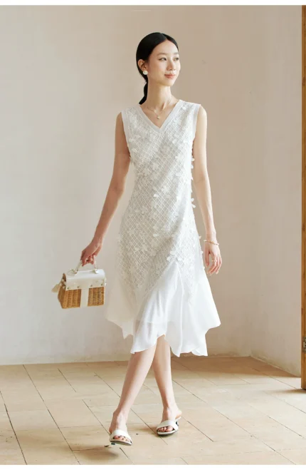 French style waist cinching slimming pole level feeling V-neck vest dress