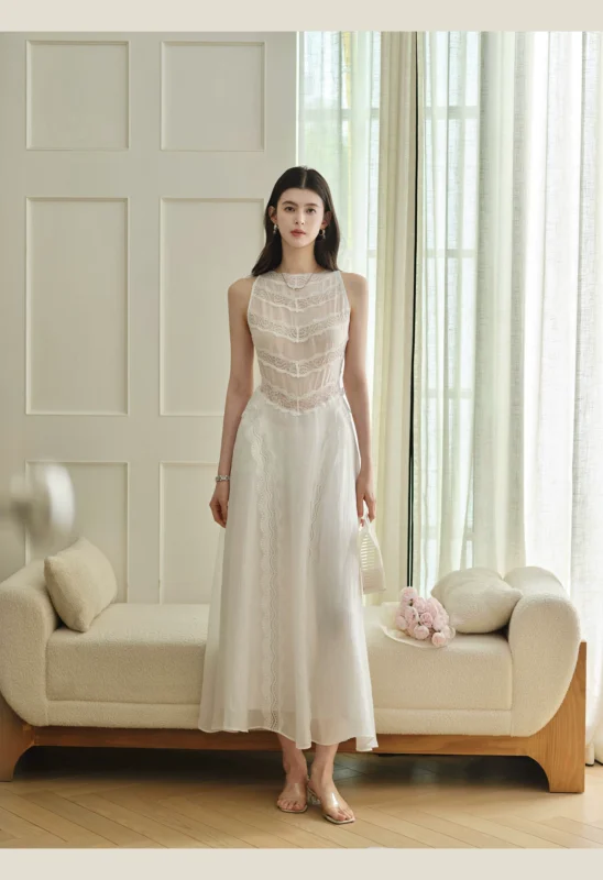 Mid length Tencel Blended Heavy duty Lace Hollow Sleeveless Dress