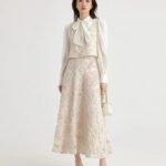 Heavy industry embroidery layered high waisted A-line skirt long skirt two-piece set