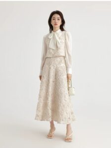 Heavy industry embroidery layered high waisted A-line skirt long skirt two-piece set